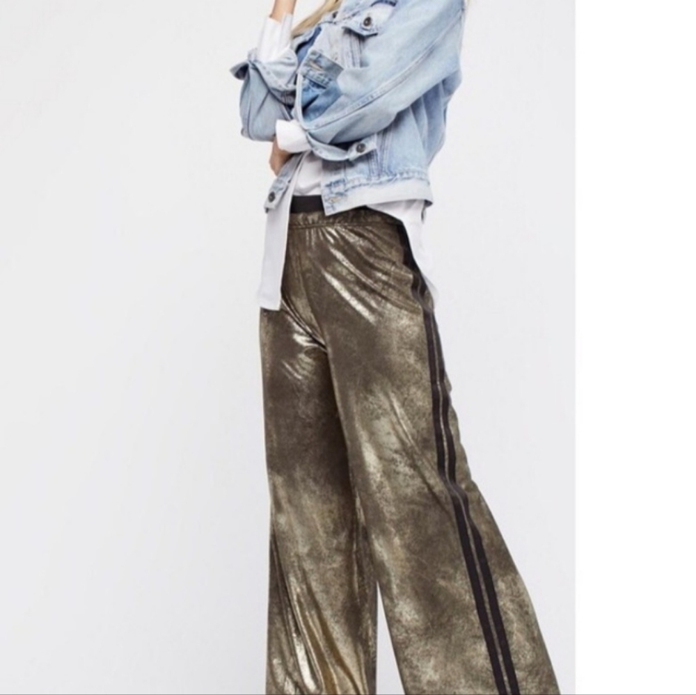 Free People Vegan Leather Gold Track Pants - Picture 3 of 7